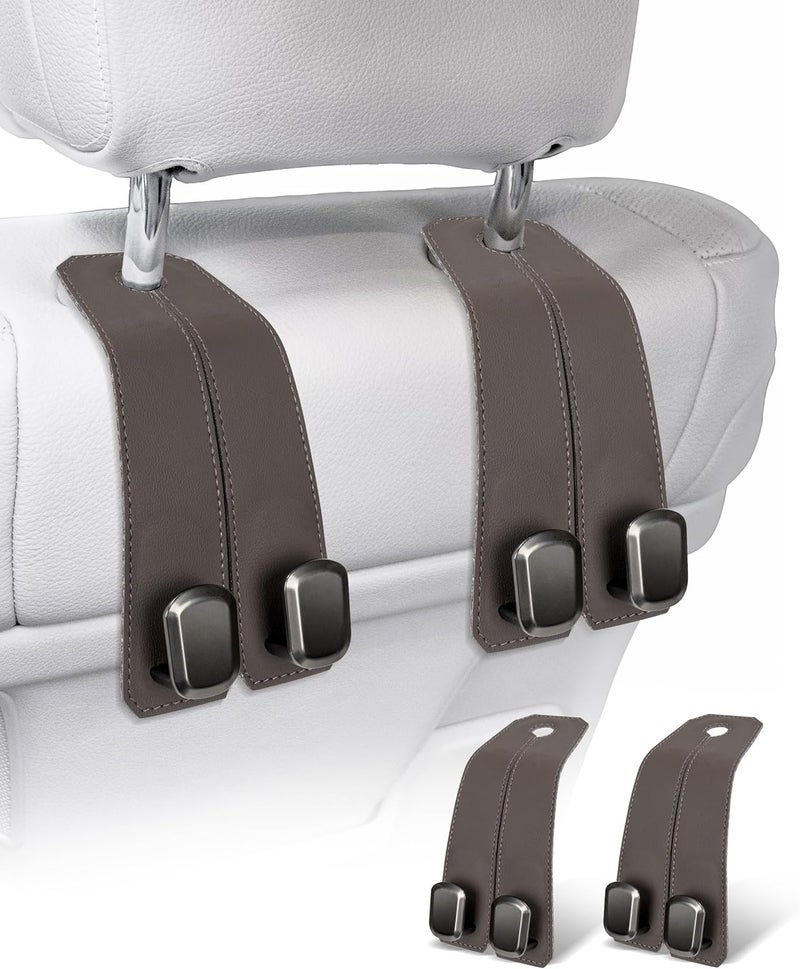 VETERBONE Luxurious Leather Car Purse Holder Hooks - 2PCS Multifunctional Headrest Hangers for Seat Back Storage (Brown) - Image 1